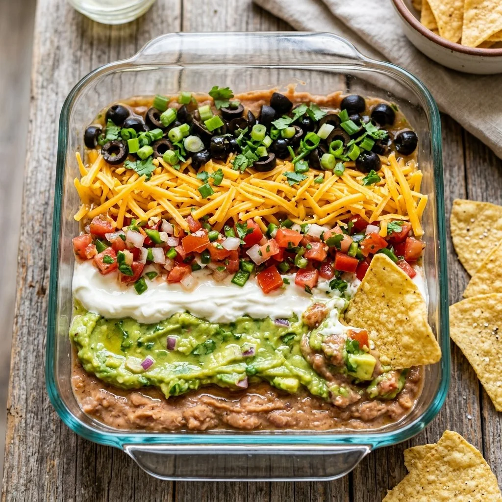 Delicious 7 layer dip served in a bowl, perfect for parties and gatherings.