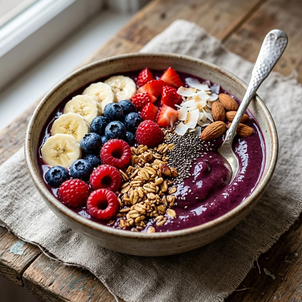 A refreshing Acai Smoothie Bowl topped with fruits and granola