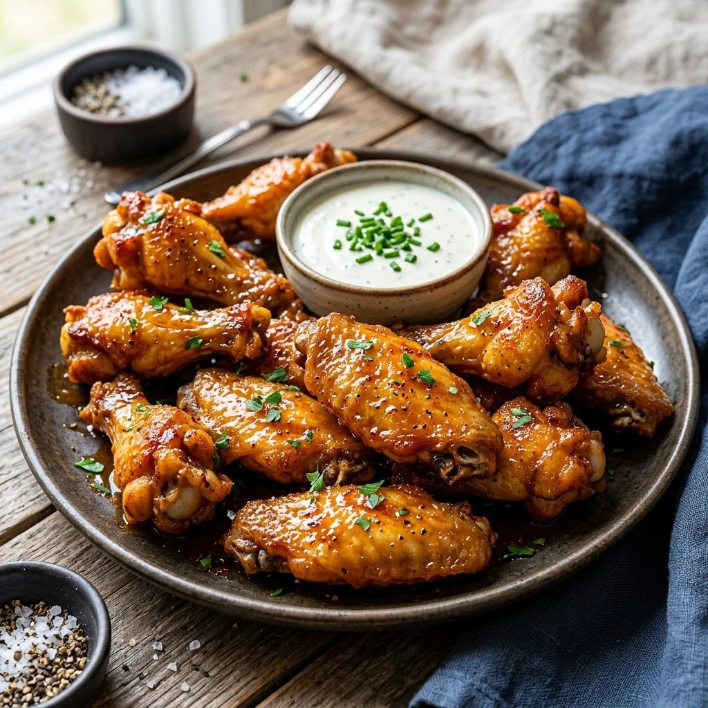 Crispy air fryer chicken wings served with dipping sauce on a plate.