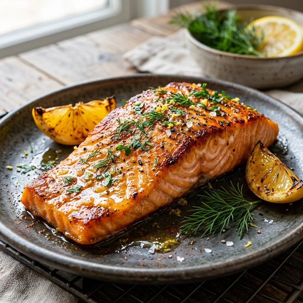 Perfectly cooked air fryer salmon with seasoning on a plate