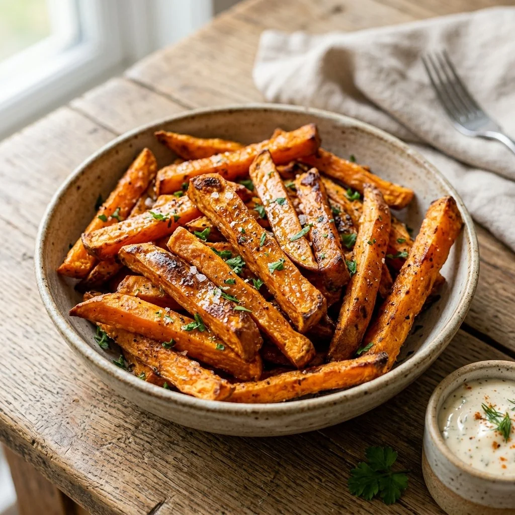 Delicious air fryer sweet potato fries served in a bowl