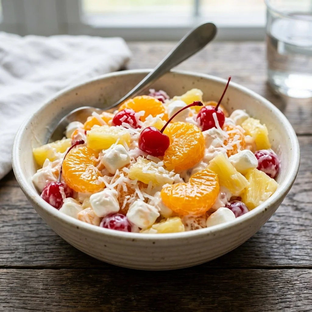 Colorful Ambrosia Salad with fruits and marshmallows in a serving bowl