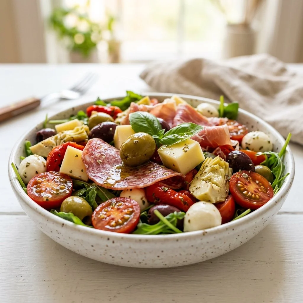 Colorful Antipasto Salad with assorted vegetables, meats, and cheeses.