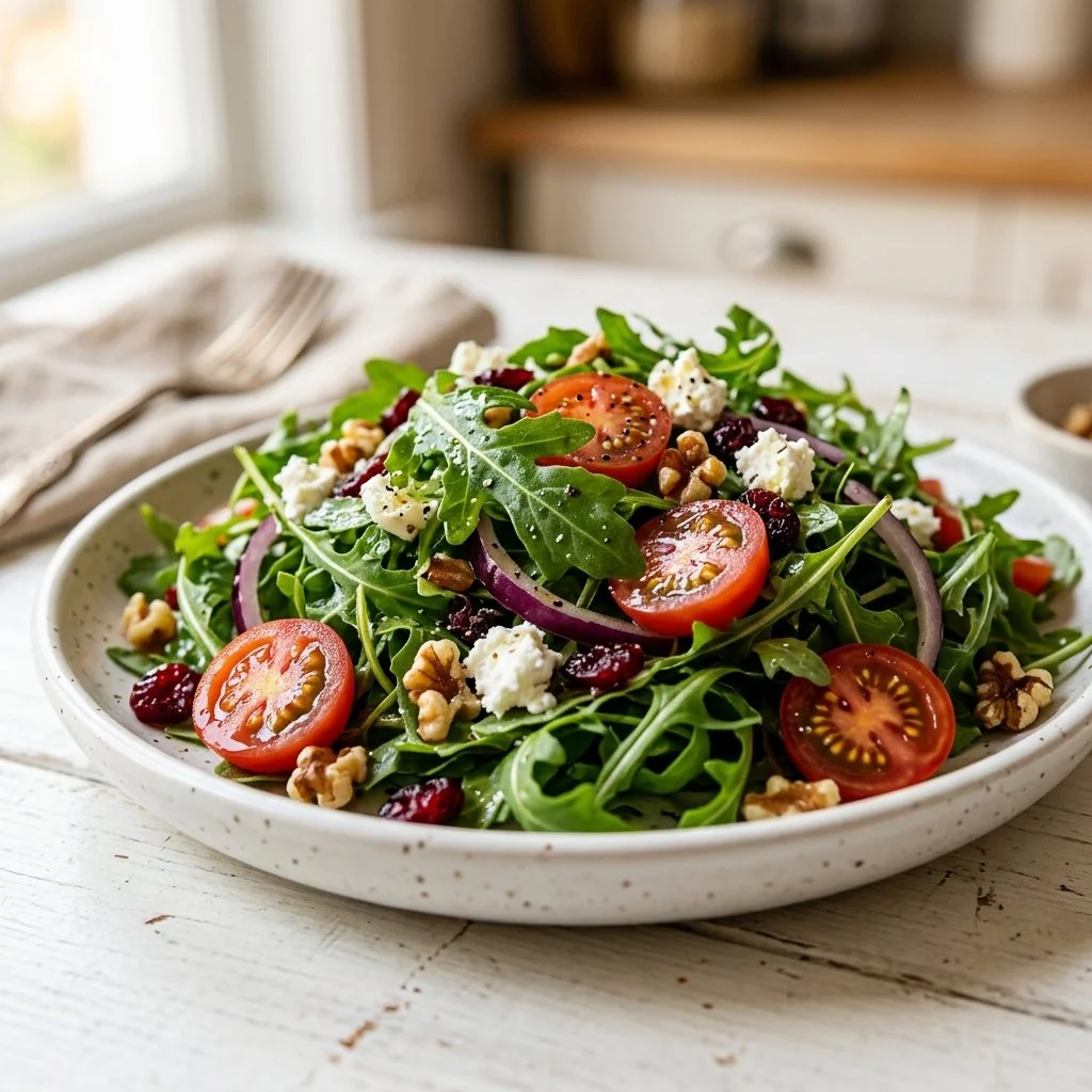Fresh arugula salad with cherry tomatoes, feta cheese, and balsamic dressing.