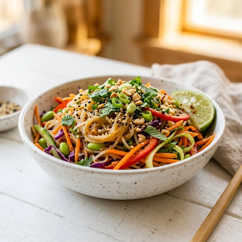 Delicious Asian noodle salad with fresh vegetables and dressing.