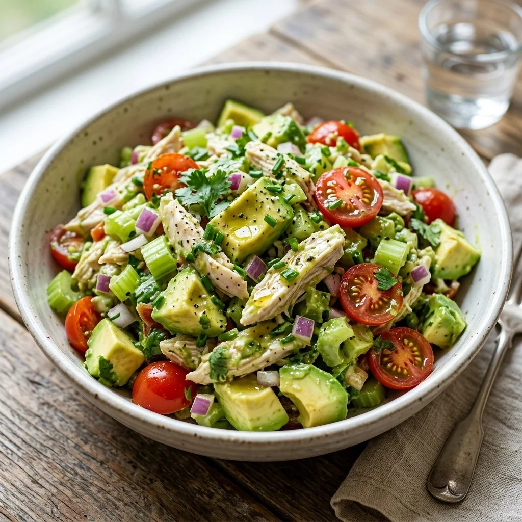 Fresh Avocado Chicken Salad with greens and toppings.