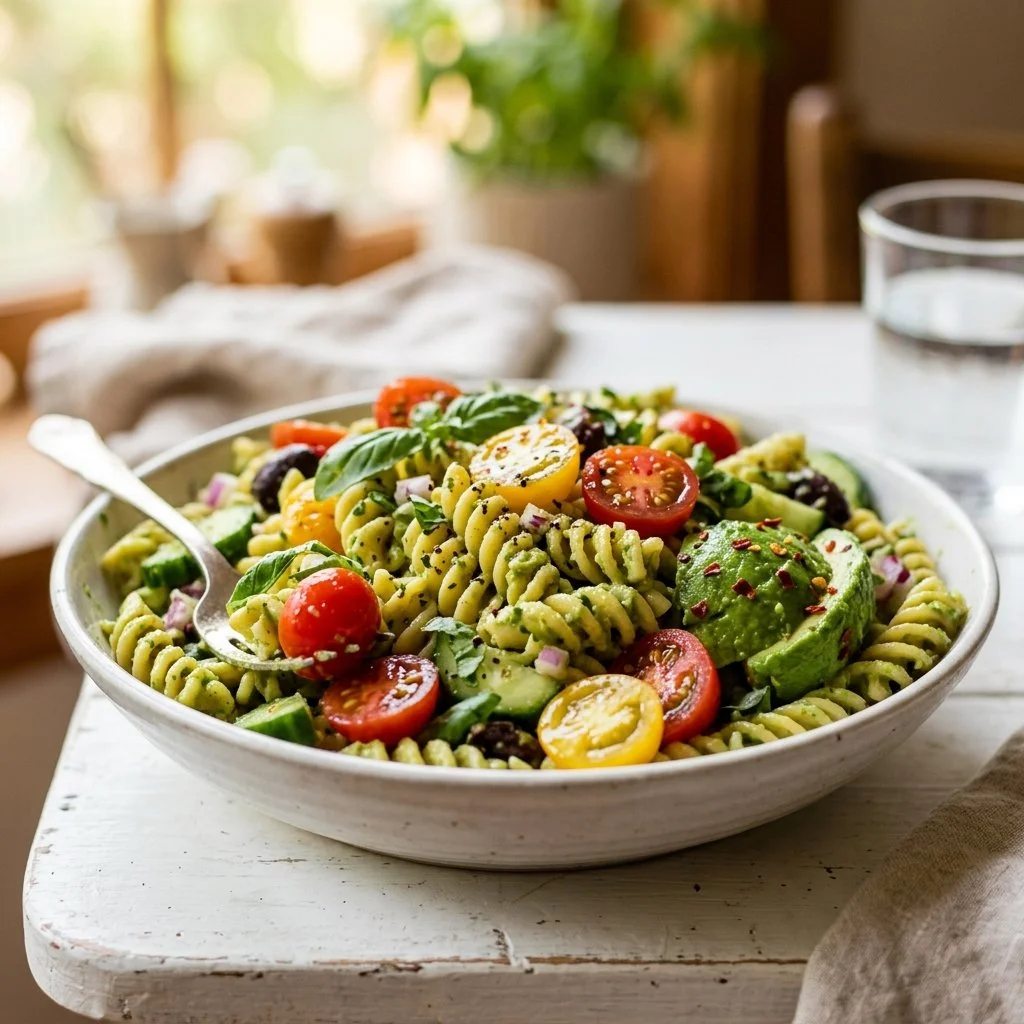 Delicious Avocado Pasta Salad garnished with fresh herbs and vegetables