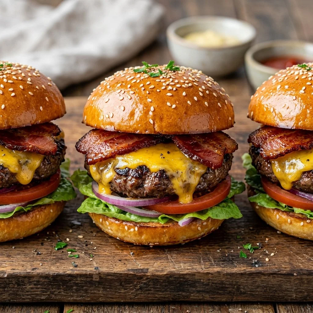 Bacon cheeseburger sliders on a serving platter, garnished with fresh ingredients
