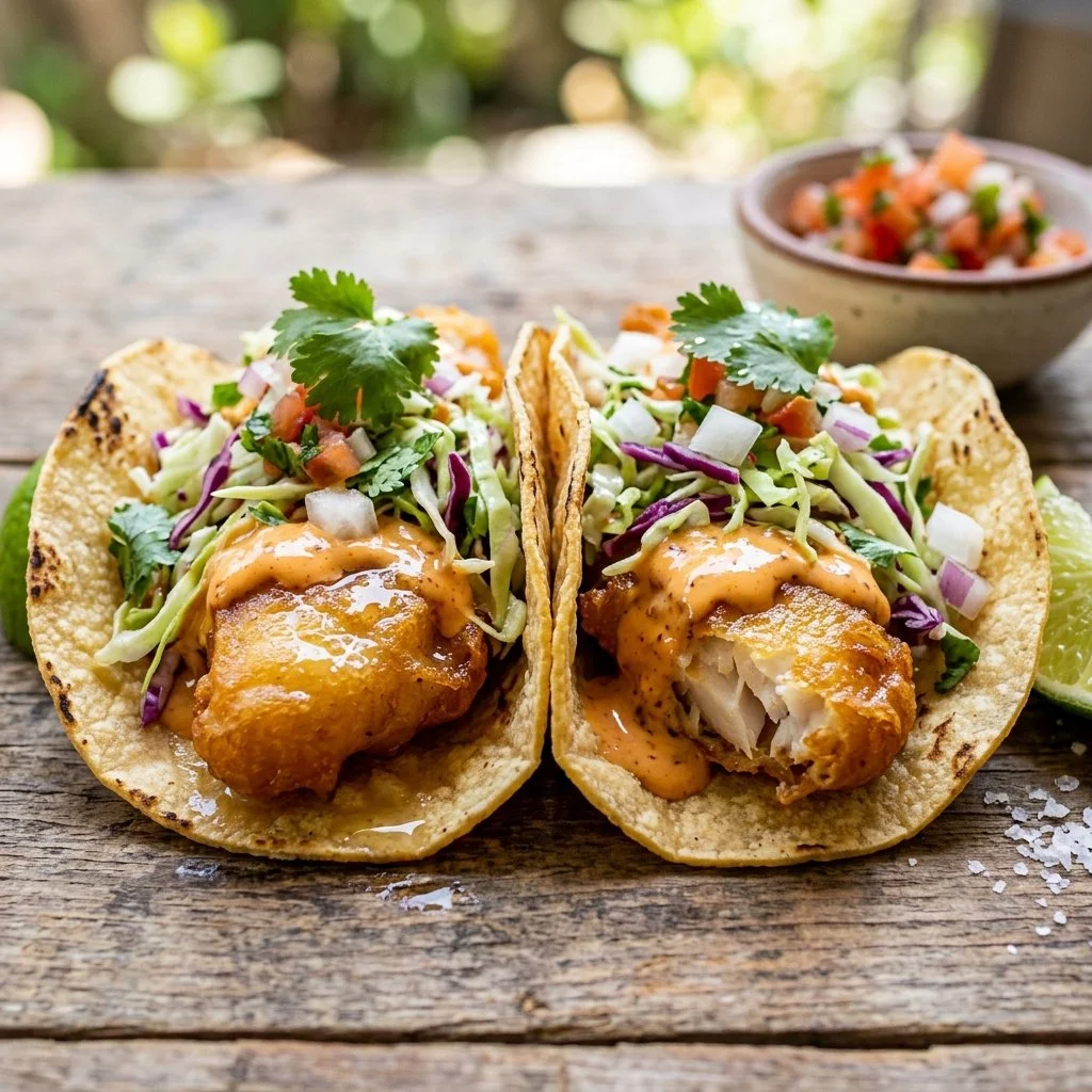 Delicious Baja Fish Tacos with crispy fish and fresh toppings on a plate