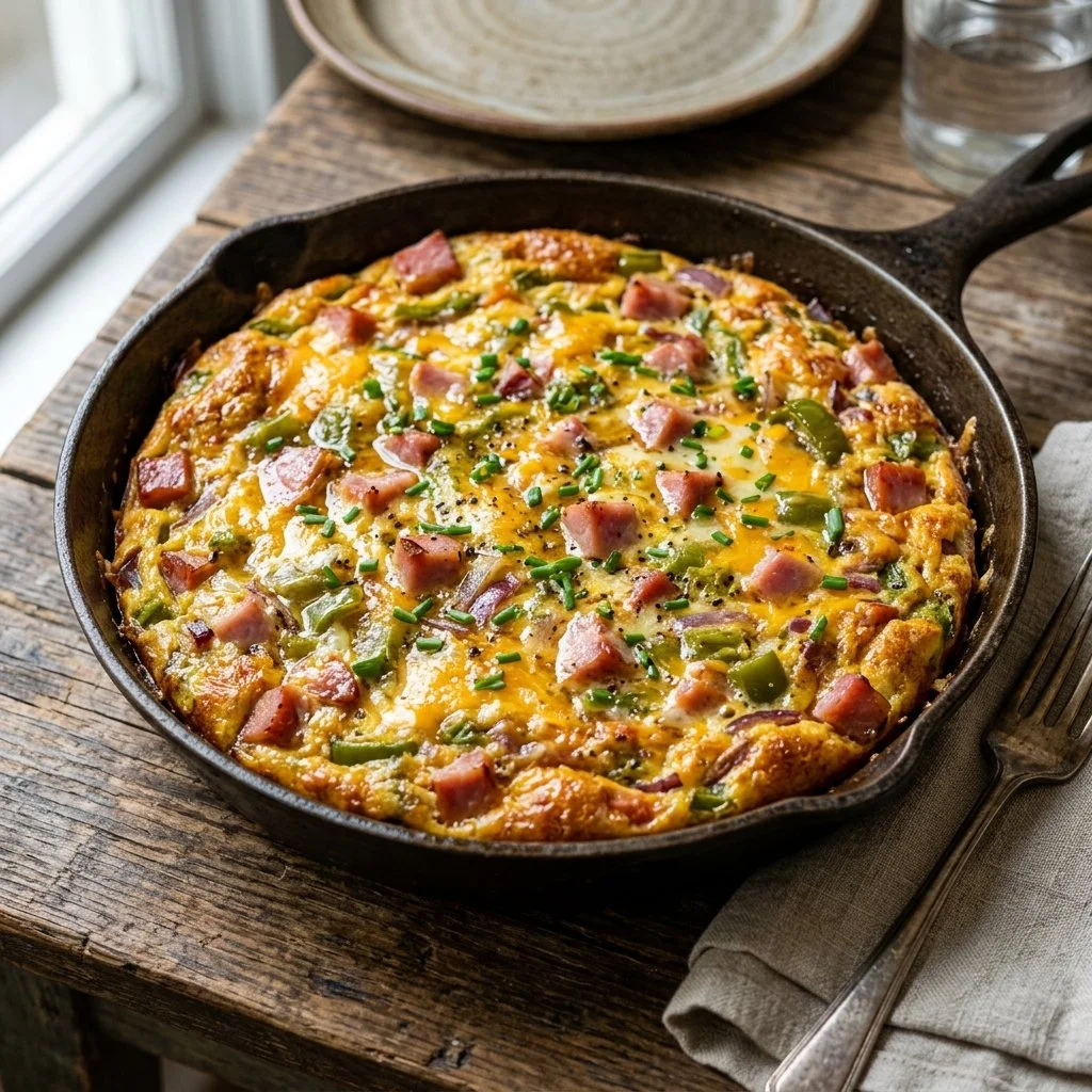 Baked Denver Omelet topped with veggies and cheese.