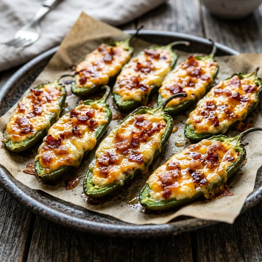 Baked jalapeno poppers stuffed with cheese and herbs