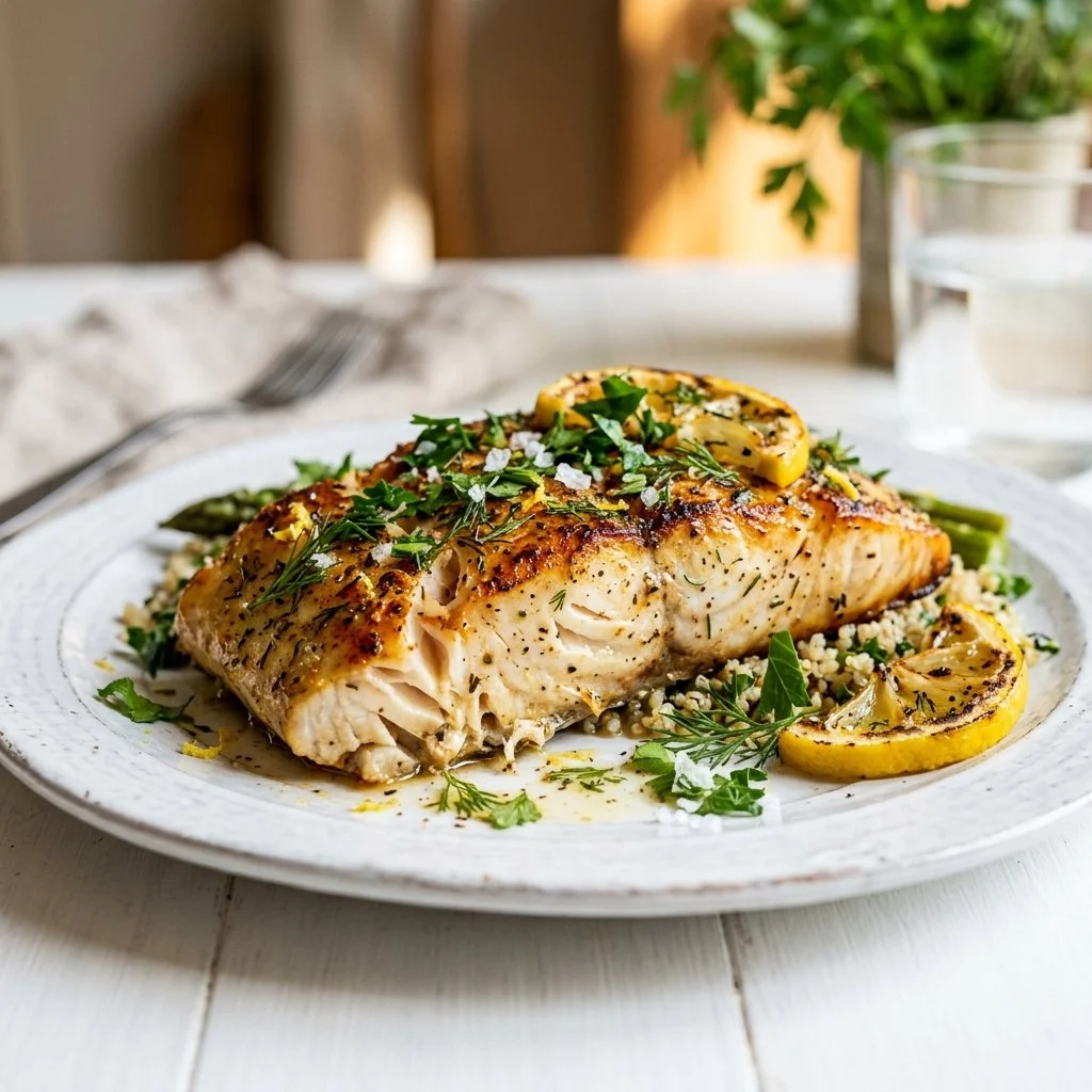 Delicious baked Mahi Mahi fillet with herbs and spices on a plate