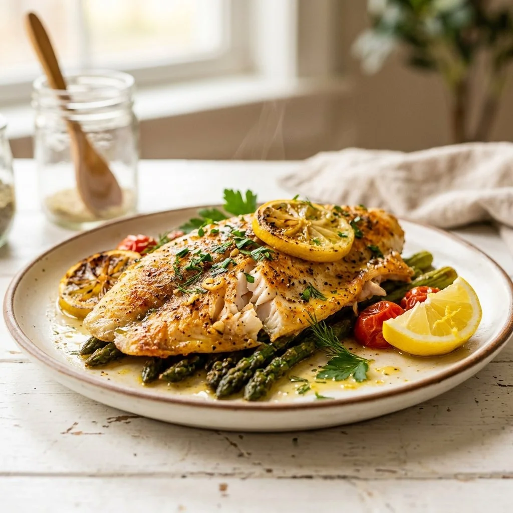 Delicious Baked Tilapia served with fresh herbs and lemon slices