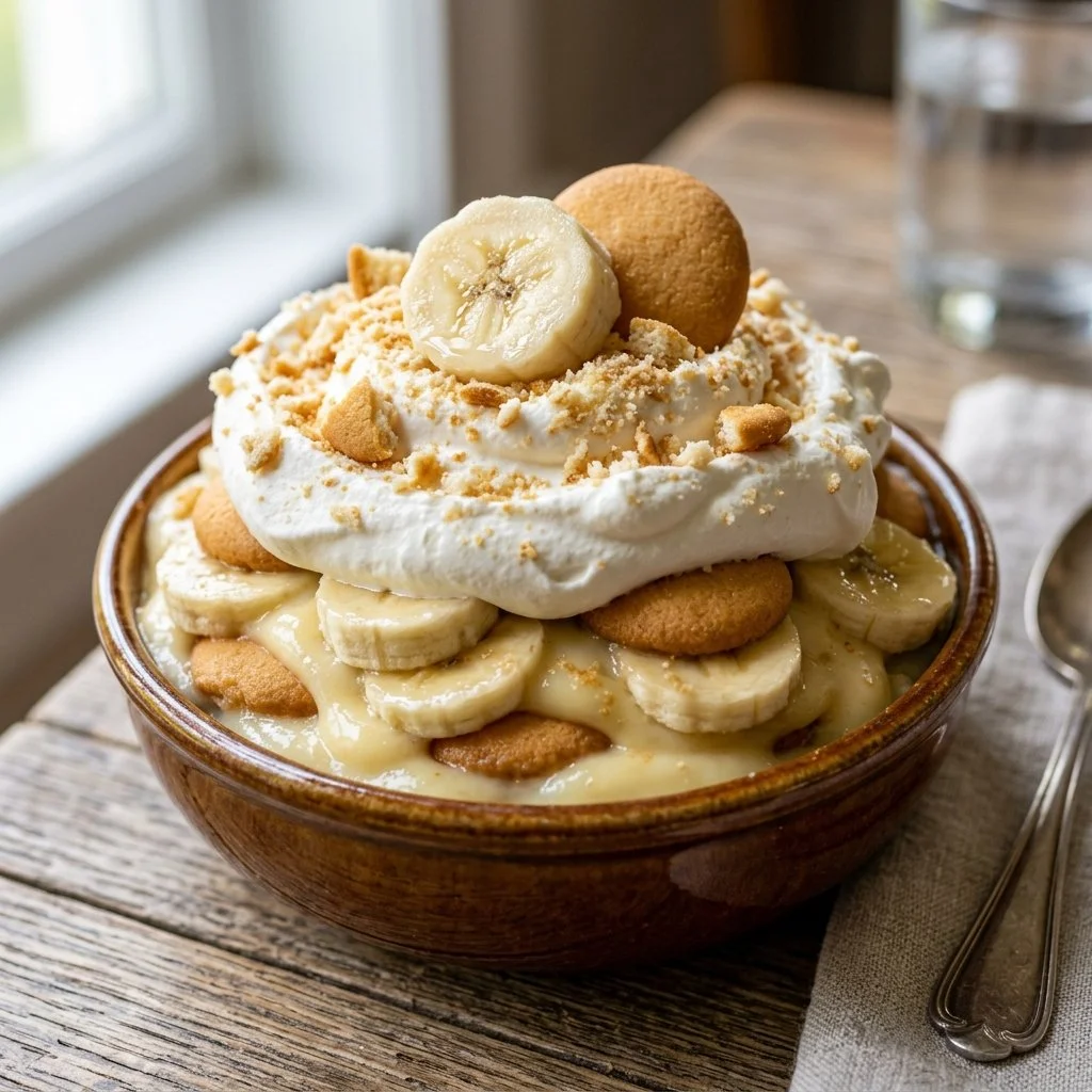 Delicious homemade banana pudding dessert with fresh bananas and whipped cream