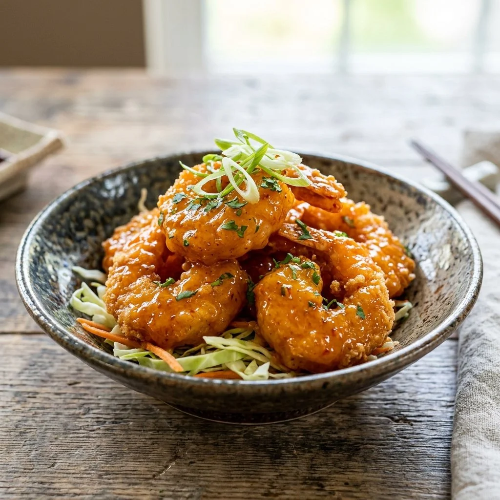 Plate of crispy bang bang shrimp with spicy sauce and garnishes