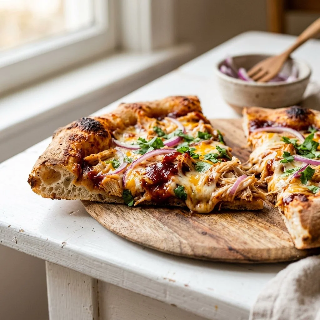 Delicious homemade BBQ chicken pizza topped with cheese and onions.