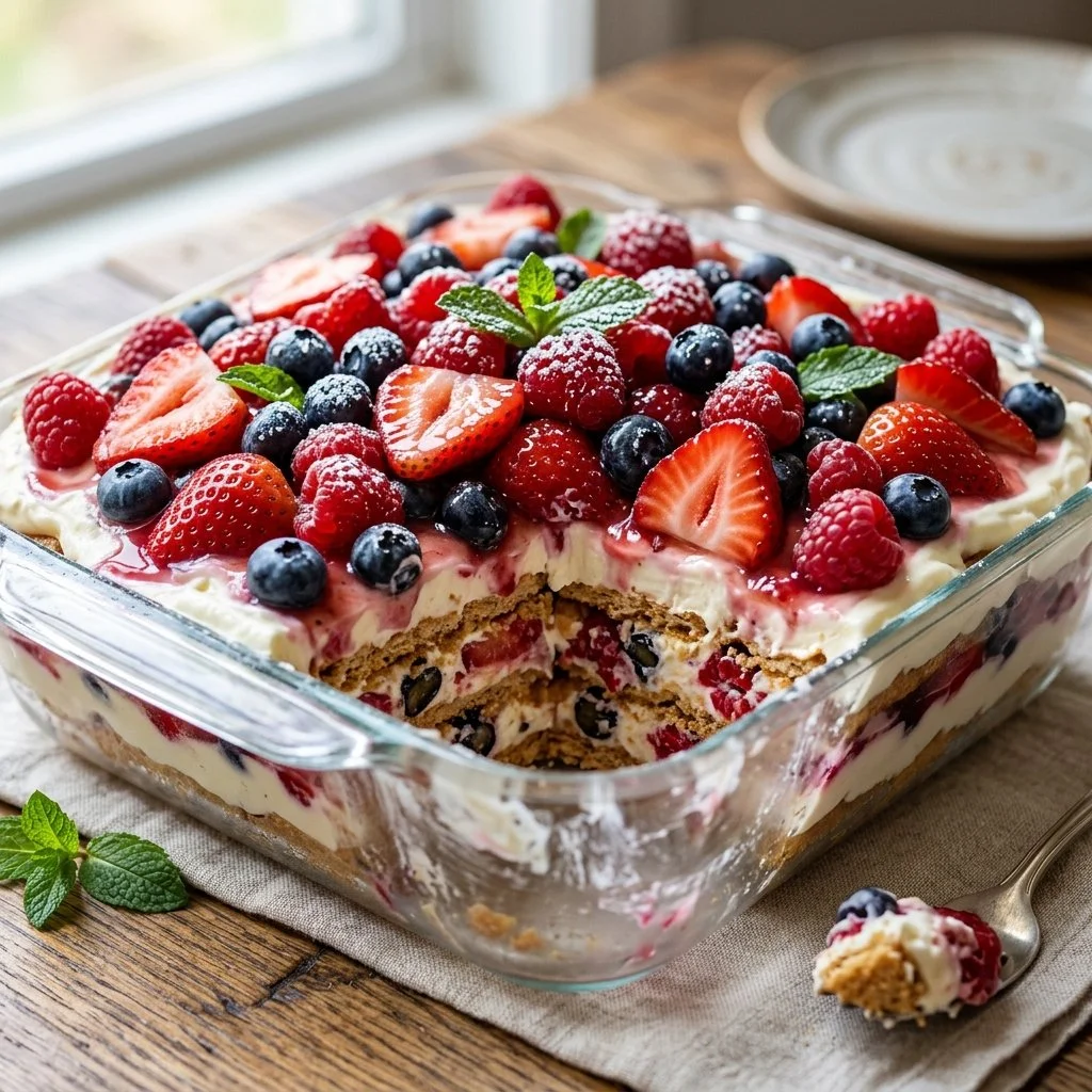 Delicious Berry Icebox Cake with layers of fresh berries and cream.