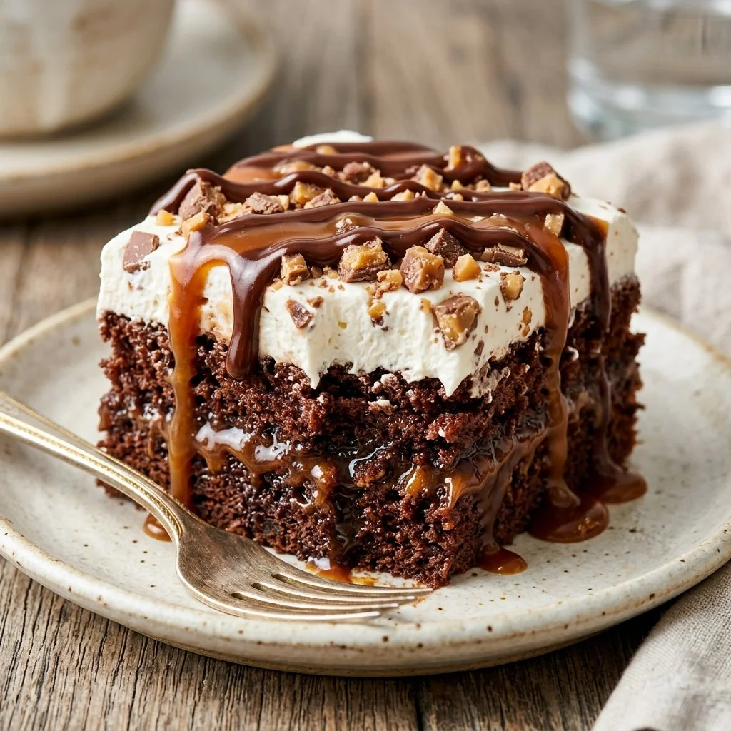 Delicious Better Than Sex Cake with chocolate layers and whipped cream topping