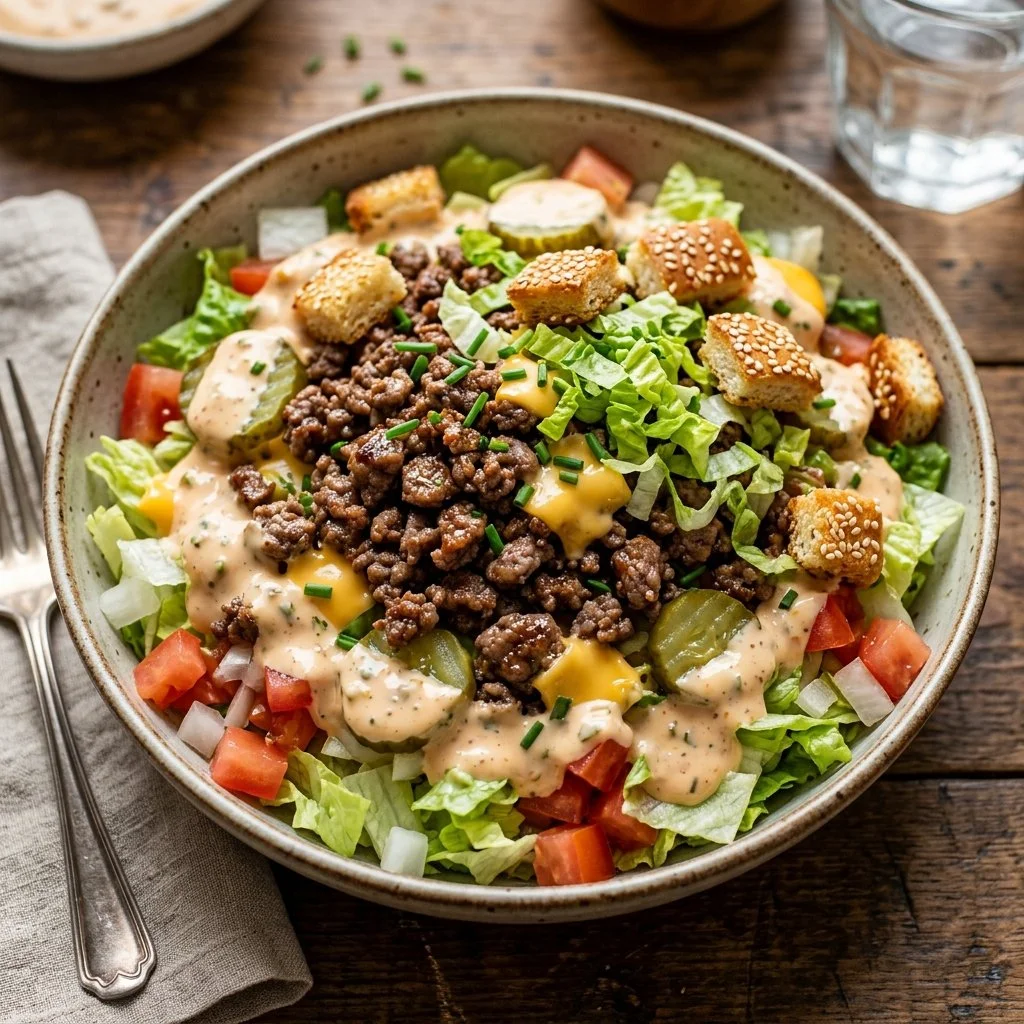 Big Mac Salad topped with lettuce, cheese, and special dressing in a bowl