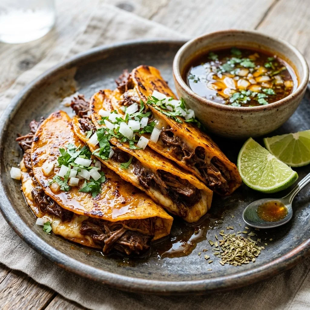 Delicious birria tacos served with dipping sauce and fresh ingredients