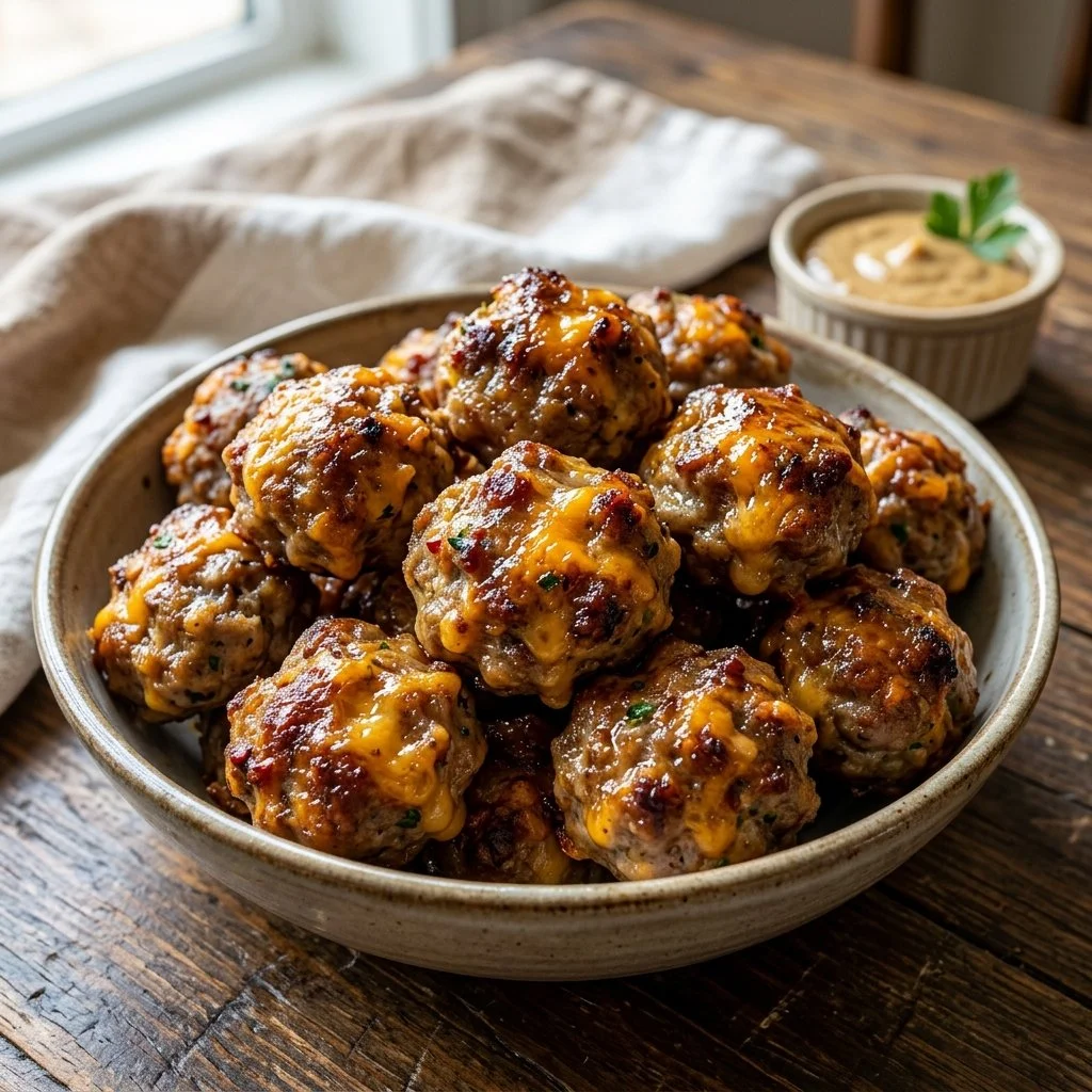 Bisquick sausage balls recipe with cheese and spices for a savory snack.