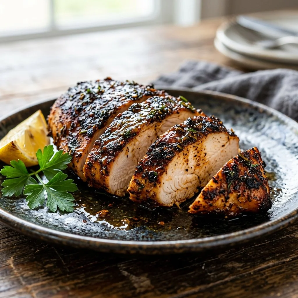 Delicious blackened chicken breast seasoned with spices and grilled to perfection.