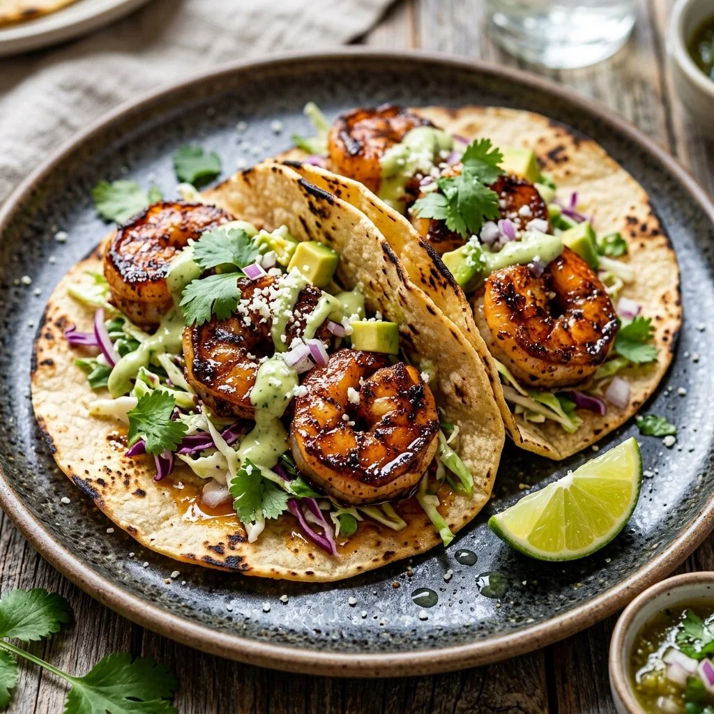 Plate of blackened shrimp tacos with fresh toppings and lime wedges
