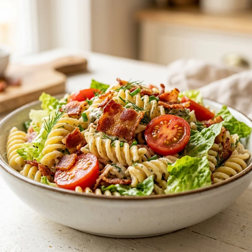 A vibrant bowl of BLT Pasta Salad with fresh tomatoes, bacon, and lettuce