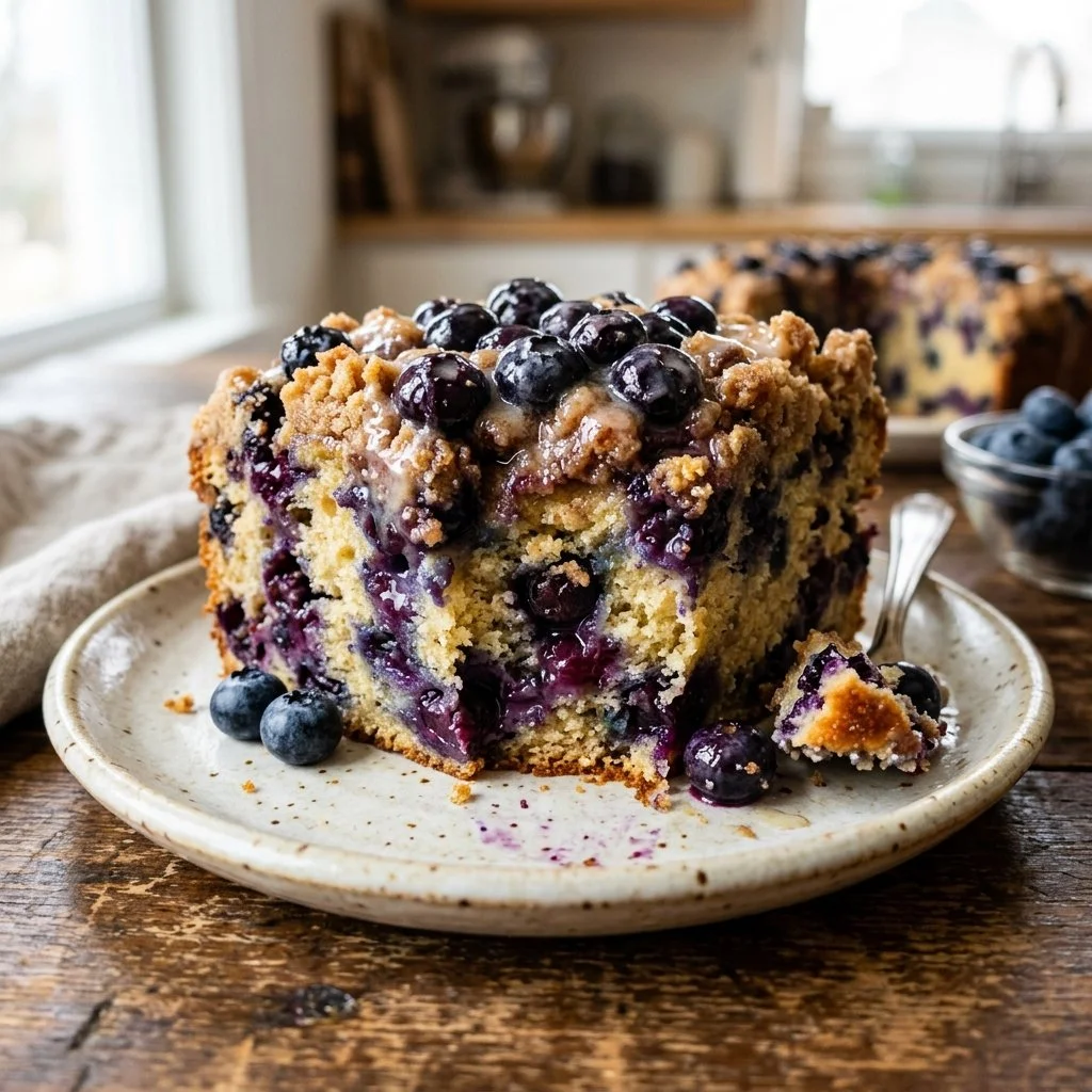 Homemade blueberry coffee cake with fresh blueberries and crumb topping.