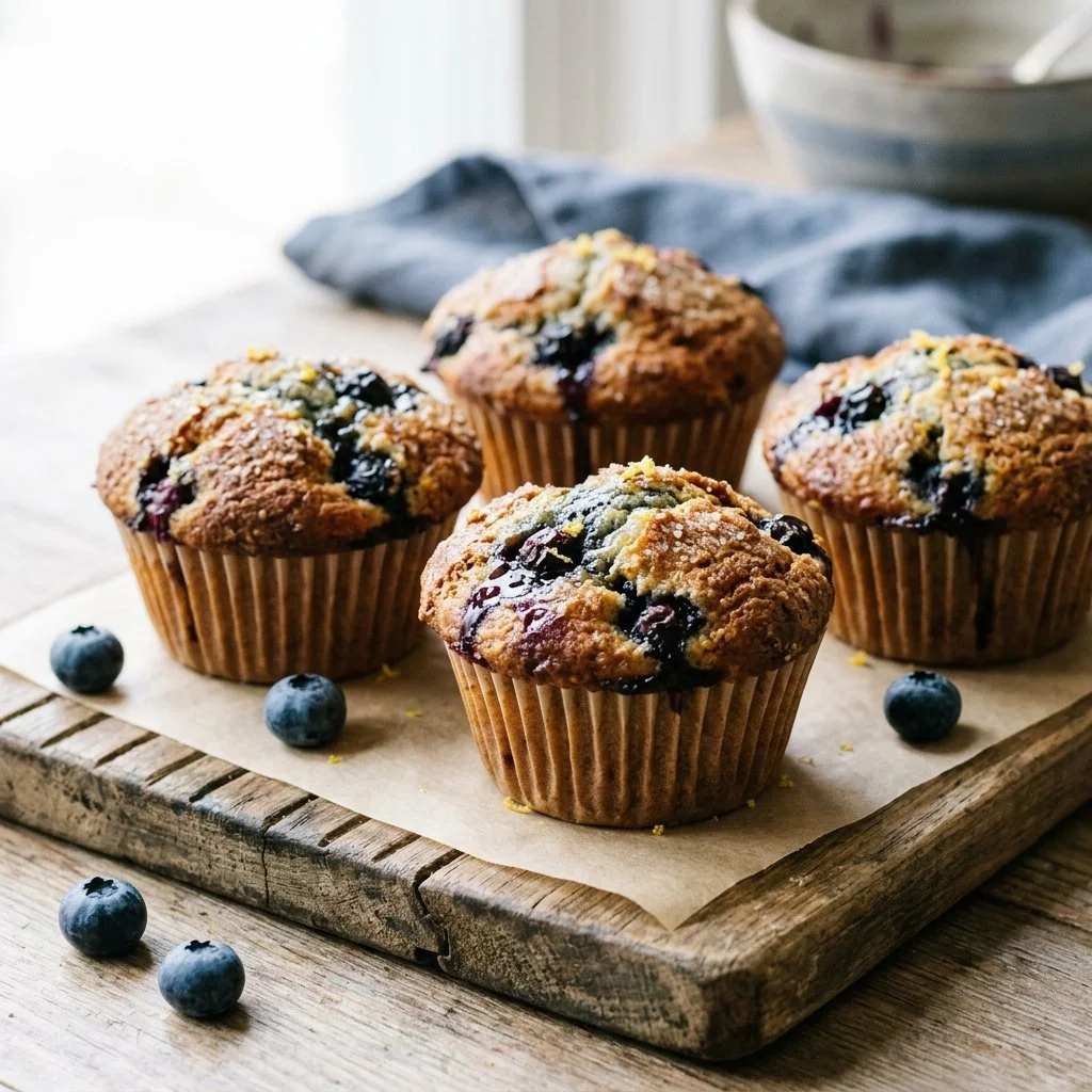 Freshly baked blueberry lemon muffins on a cooling rack