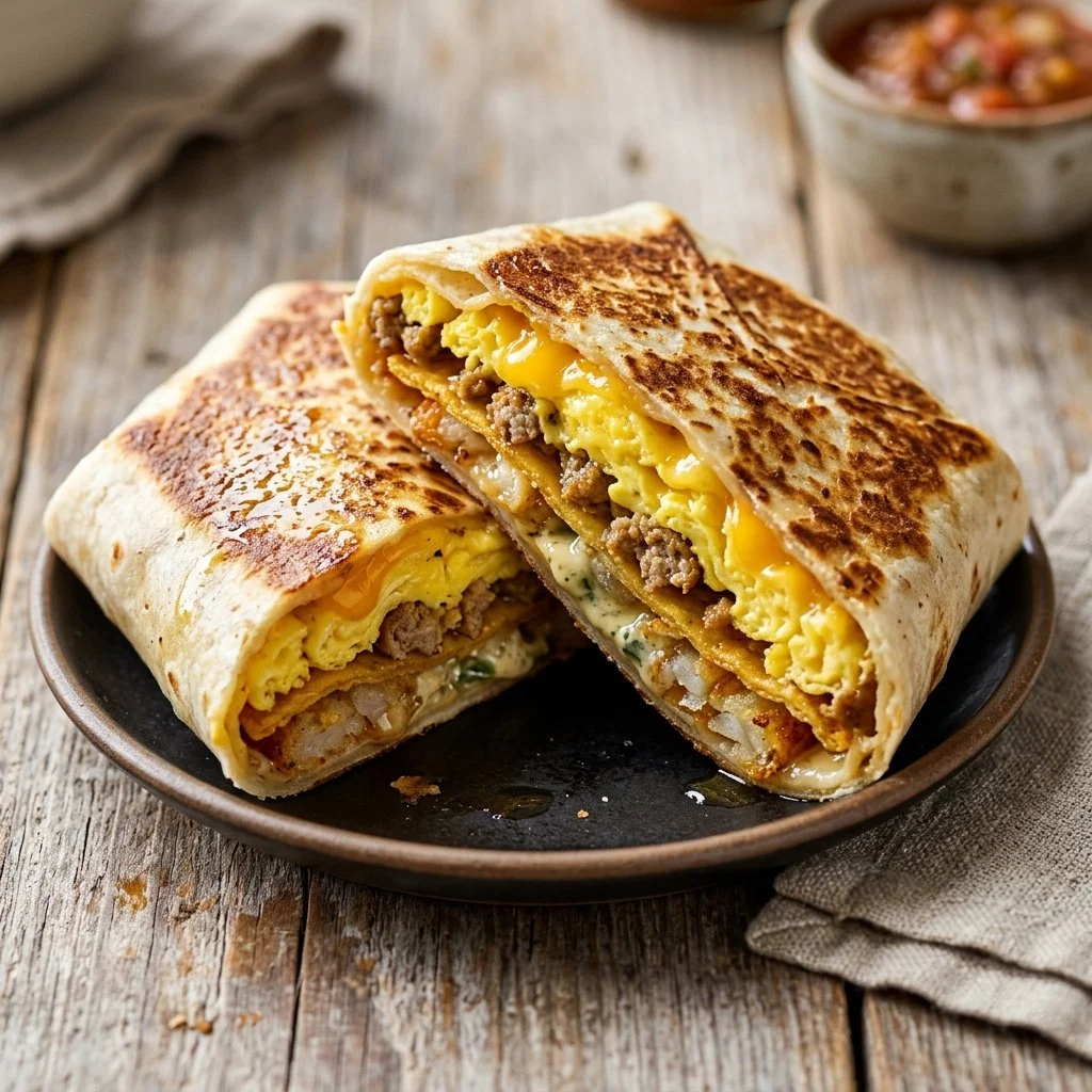 Delicious Breakfast Crunchwrap with eggs, cheese, and vegetables in a tortilla