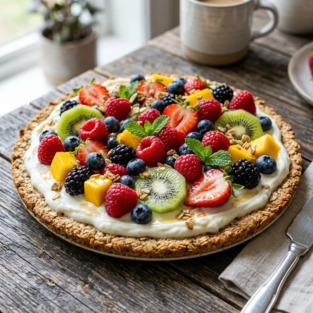 Colorful breakfast fruit pizza topped with fresh fruits and yogurt.