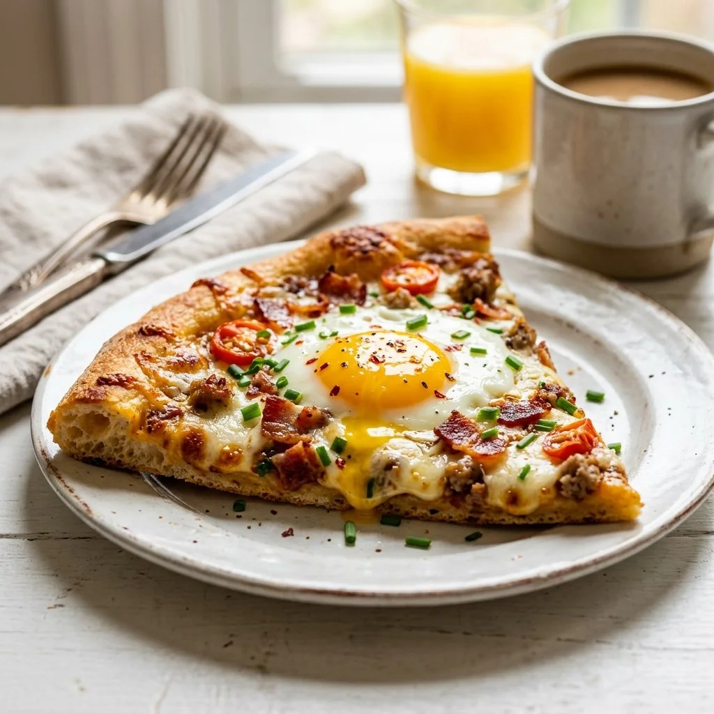 Homemade breakfast pizza topped with eggs, cheese, and vegetables