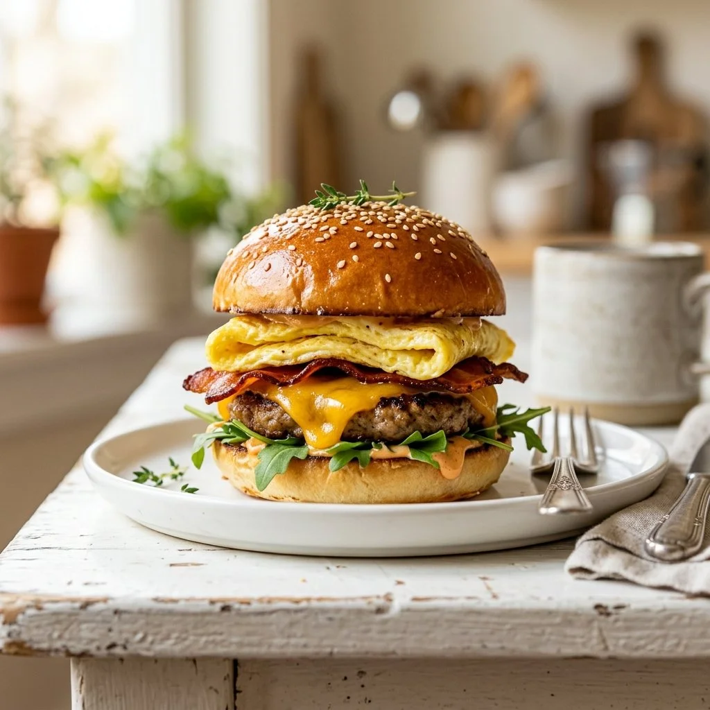 Delicious breakfast sliders stacked on a plate ready to enjoy.