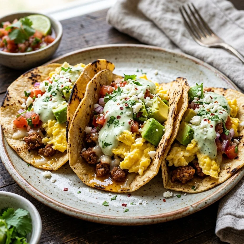Delicious breakfast tacos filled with eggs and toppings