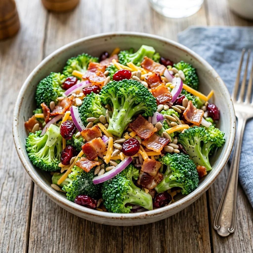 Fresh broccoli salad with vegetables and dressing in a bowl