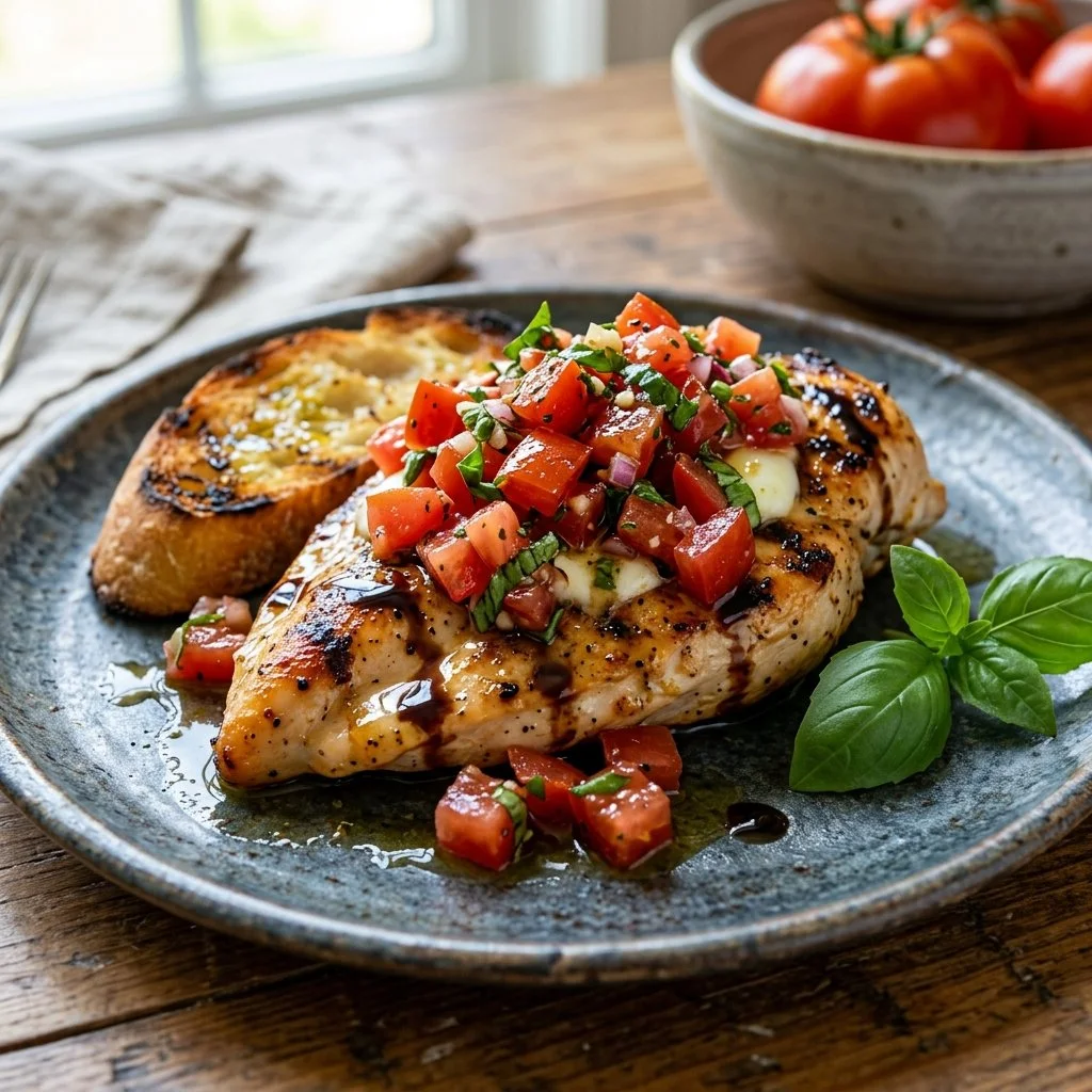 Bruschetta Chicken topped with tomatoes and basil on a plate