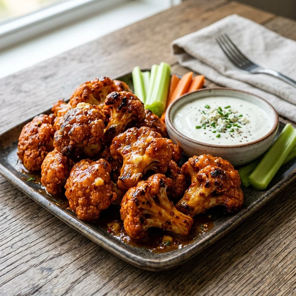 Spicy baked Buffalo Cauliflower Wings served with dipping sauce
