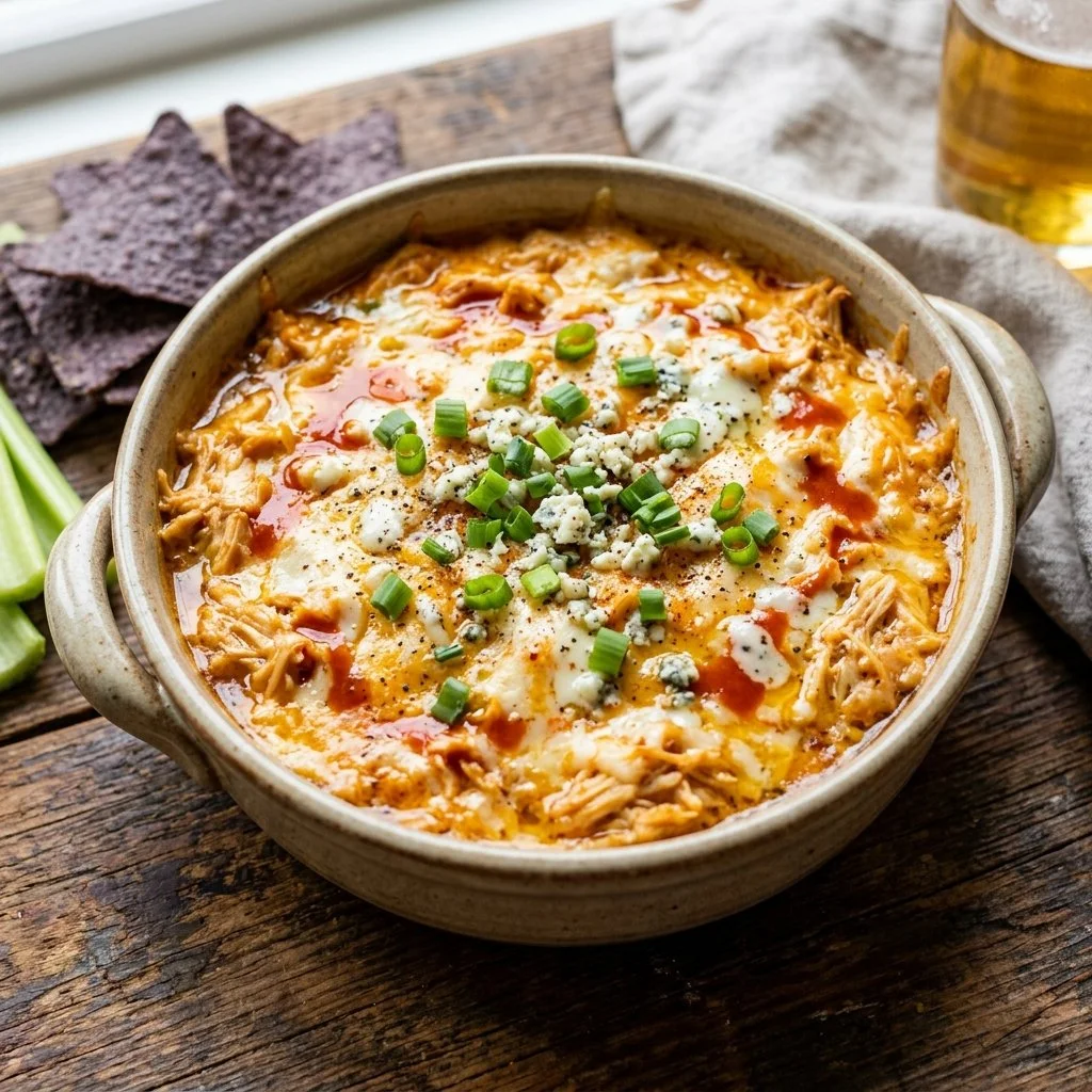 Delicious homemade Buffalo Chicken Dip served with tortilla chips