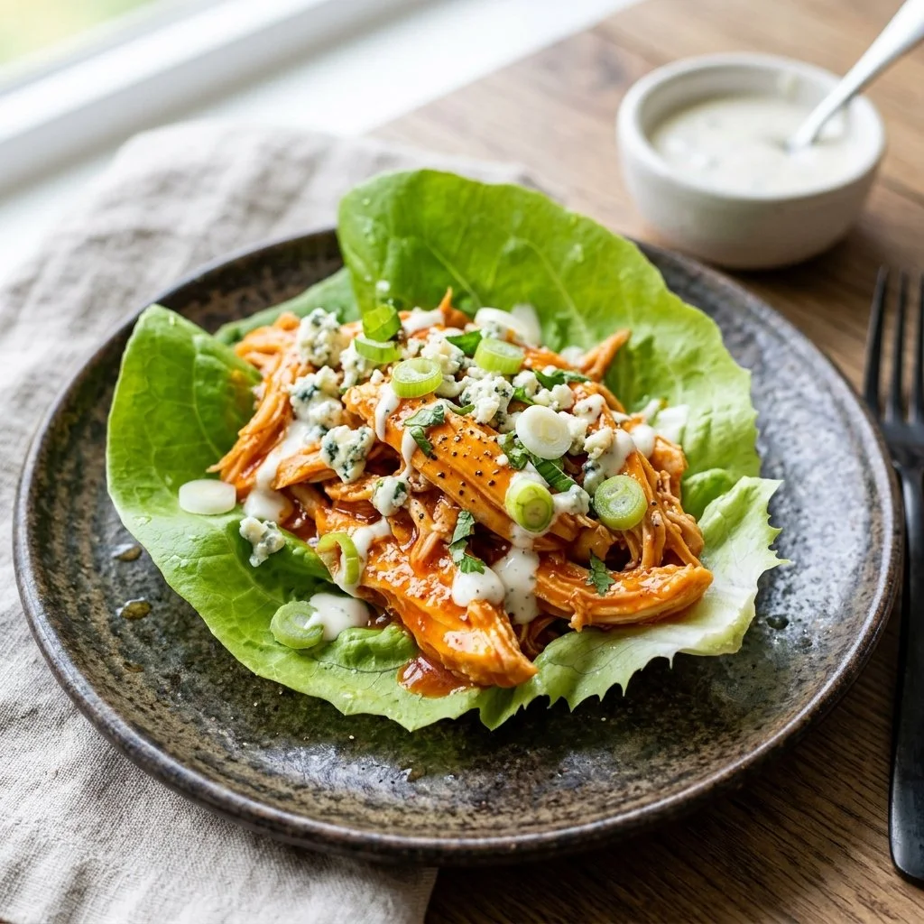 Buffalo Chicken Lettuce Wraps served on a plate with fresh ingredients