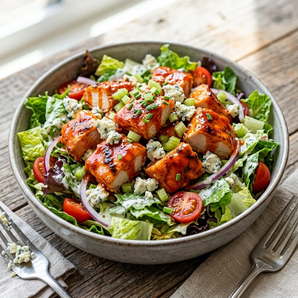 A vibrant Buffalo Chicken Salad with spicy chicken, fresh greens, and toppings