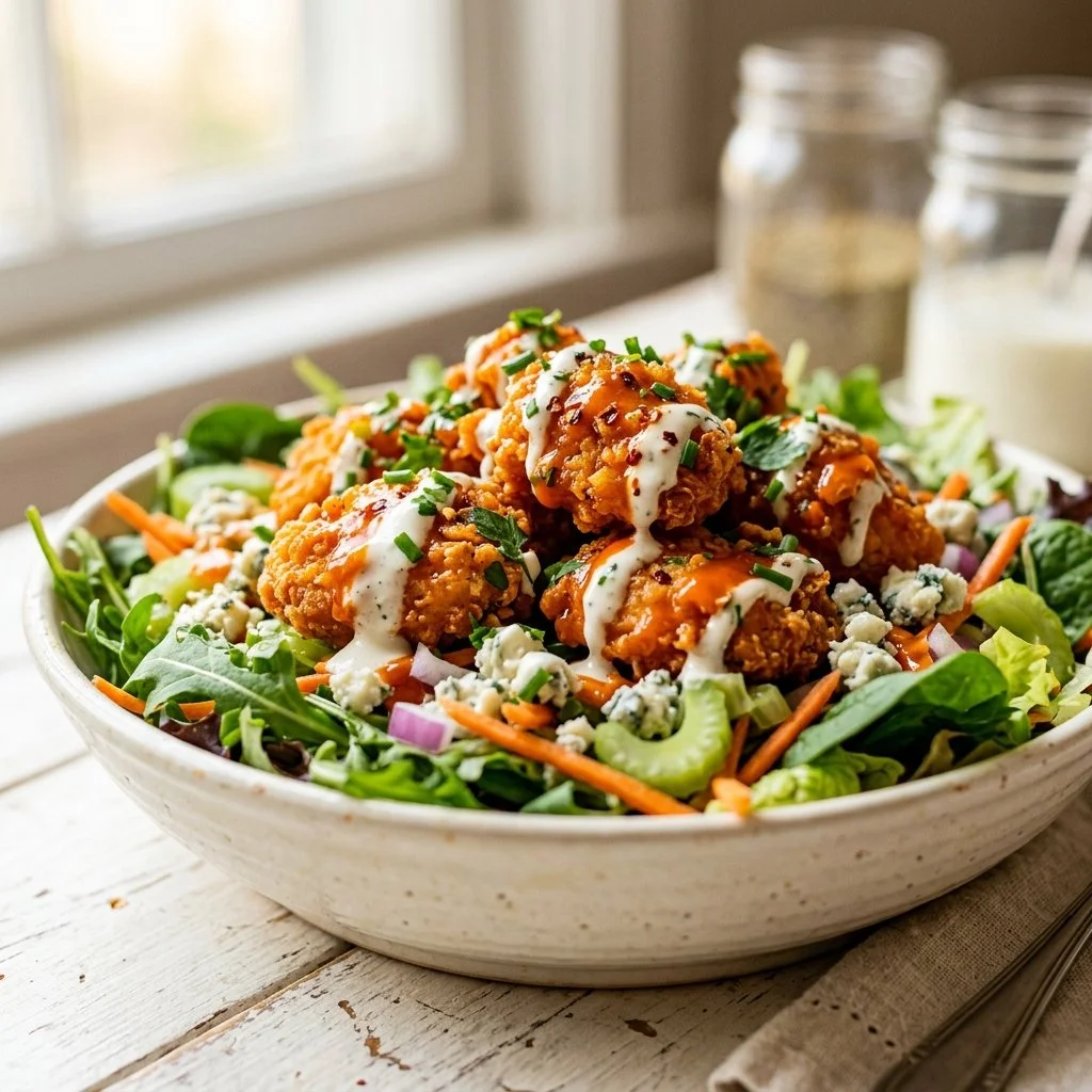 Delicious Buffalo Chicken Salad served with fresh veggies and spicy dressing