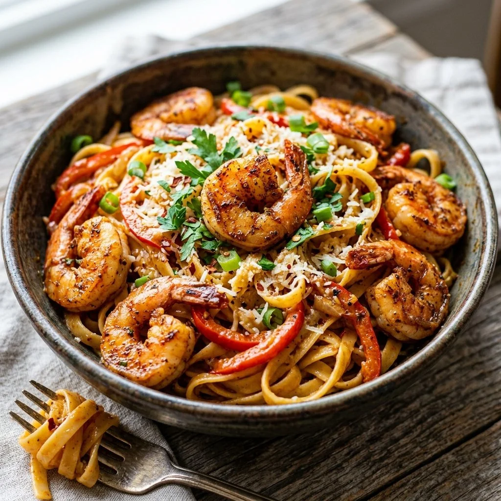 A plate of Cajun Shrimp Pasta garnished with herbs and spices