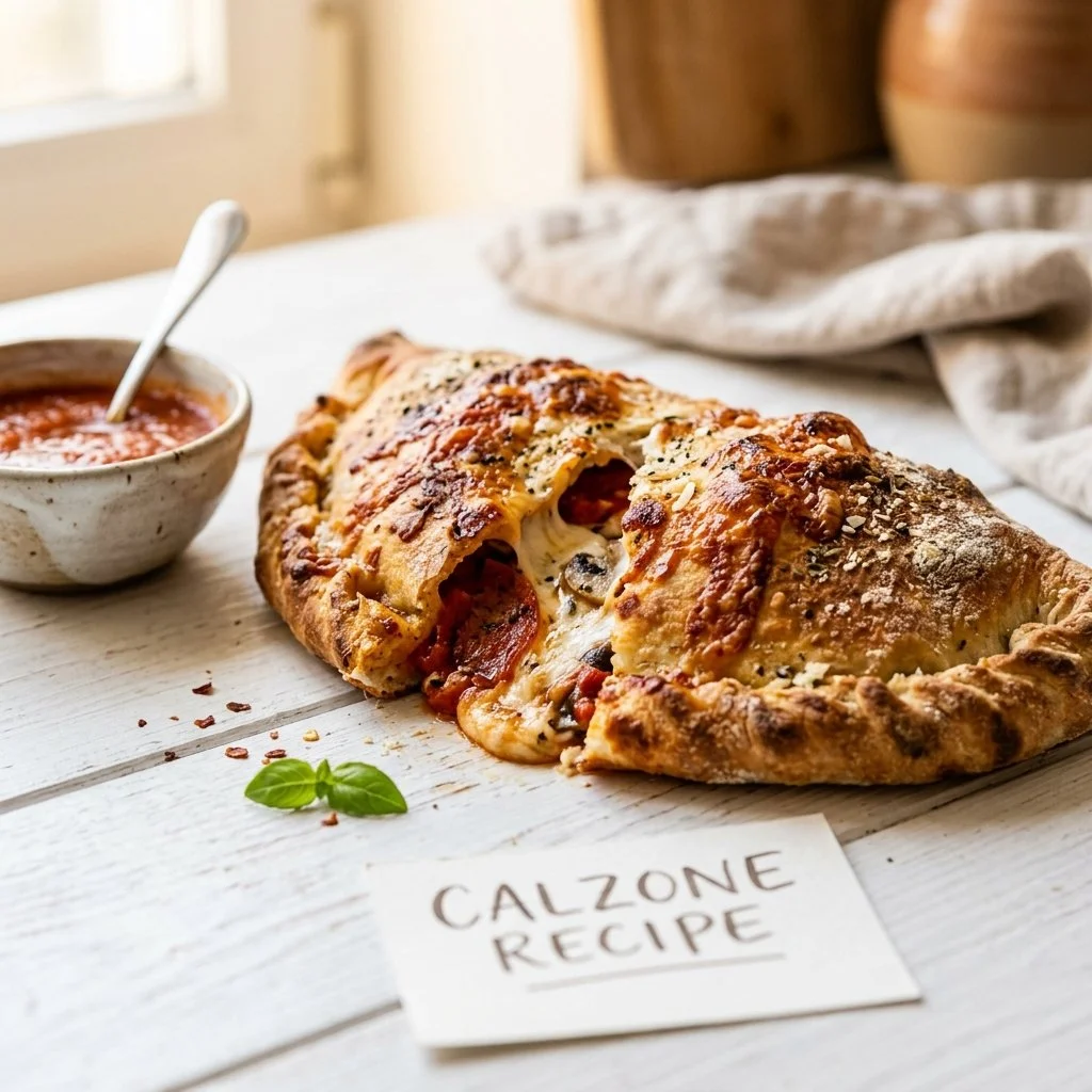 Homemade calzone filled with cheese and vegetables on a wooden table