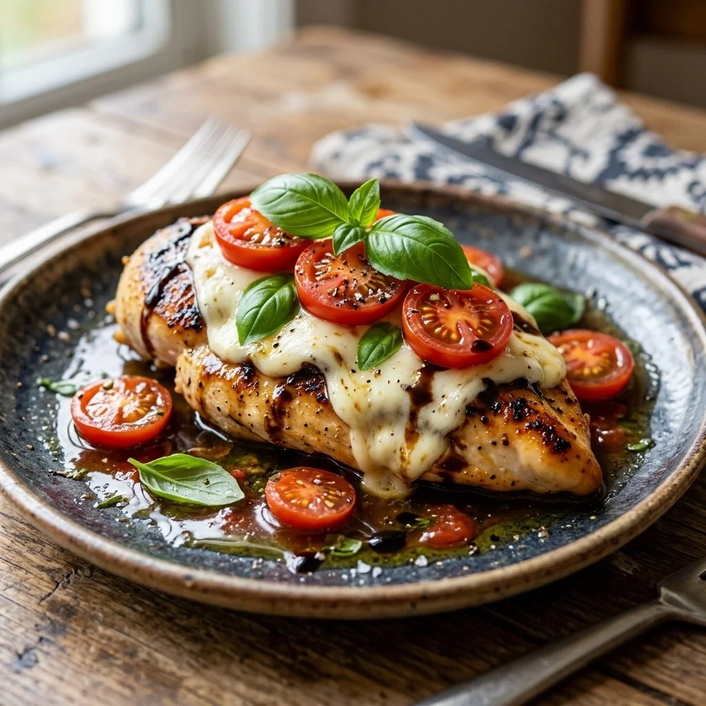 Delicious Caprese Chicken with fresh tomatoes, mozzarella, and basil