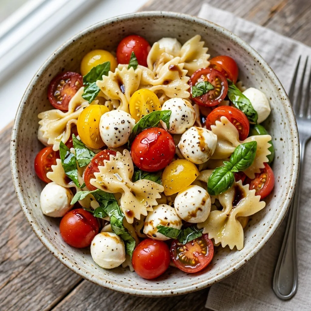Delicious Caprese Pasta Salad with tomatoes, mozzarella, and basil leaves