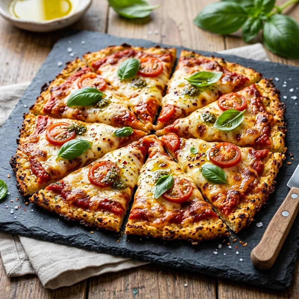 Delicious cauliflower crust pizza topped with fresh ingredients and cheese