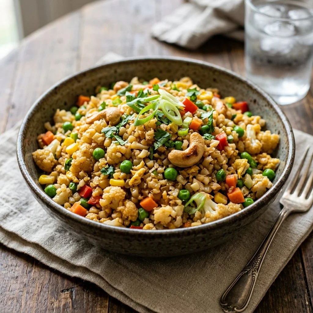 Delicious cauliflower fried rice in a bowl garnished with green onions.