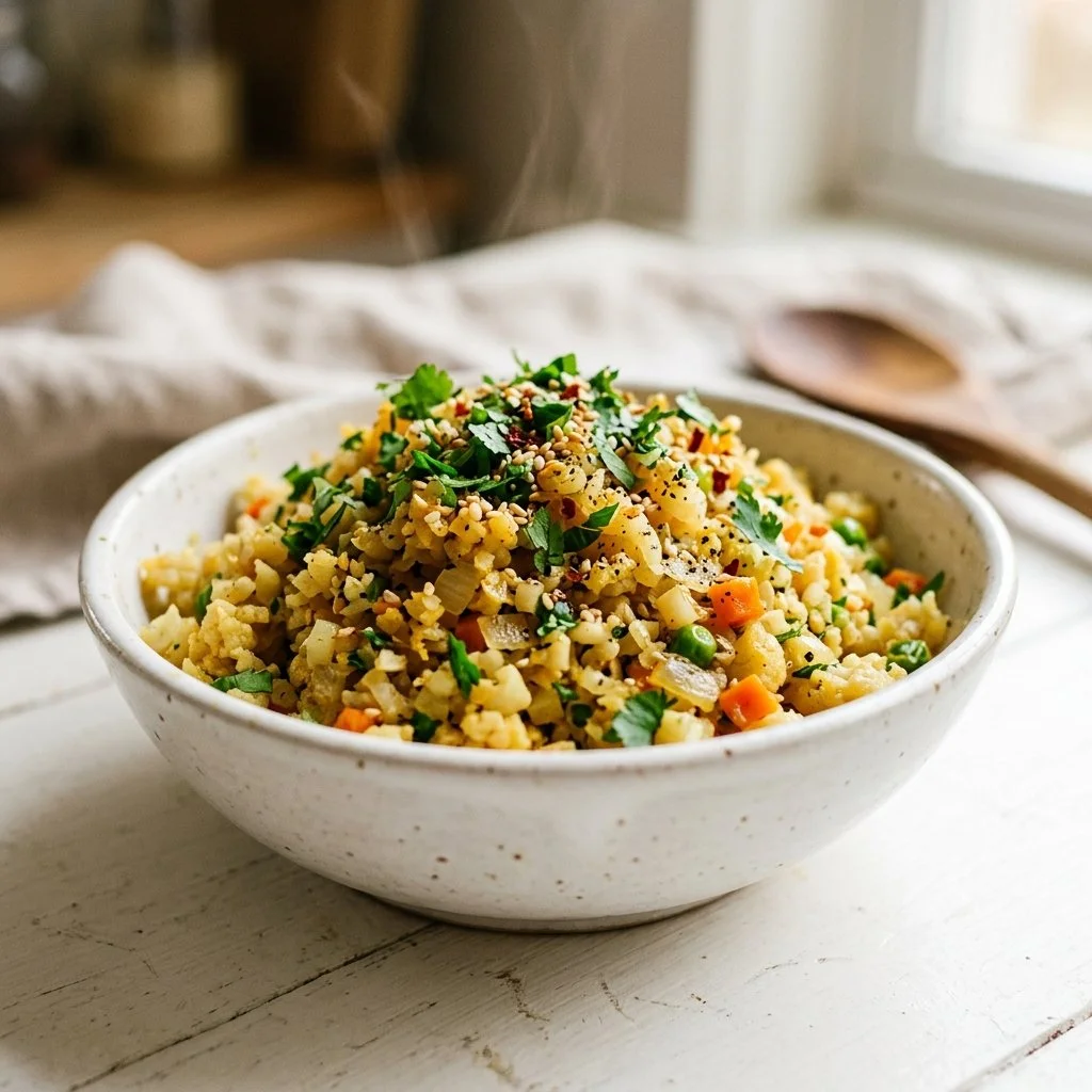 Healthy cauliflower rice dish served in a bowl with colorful vegetables