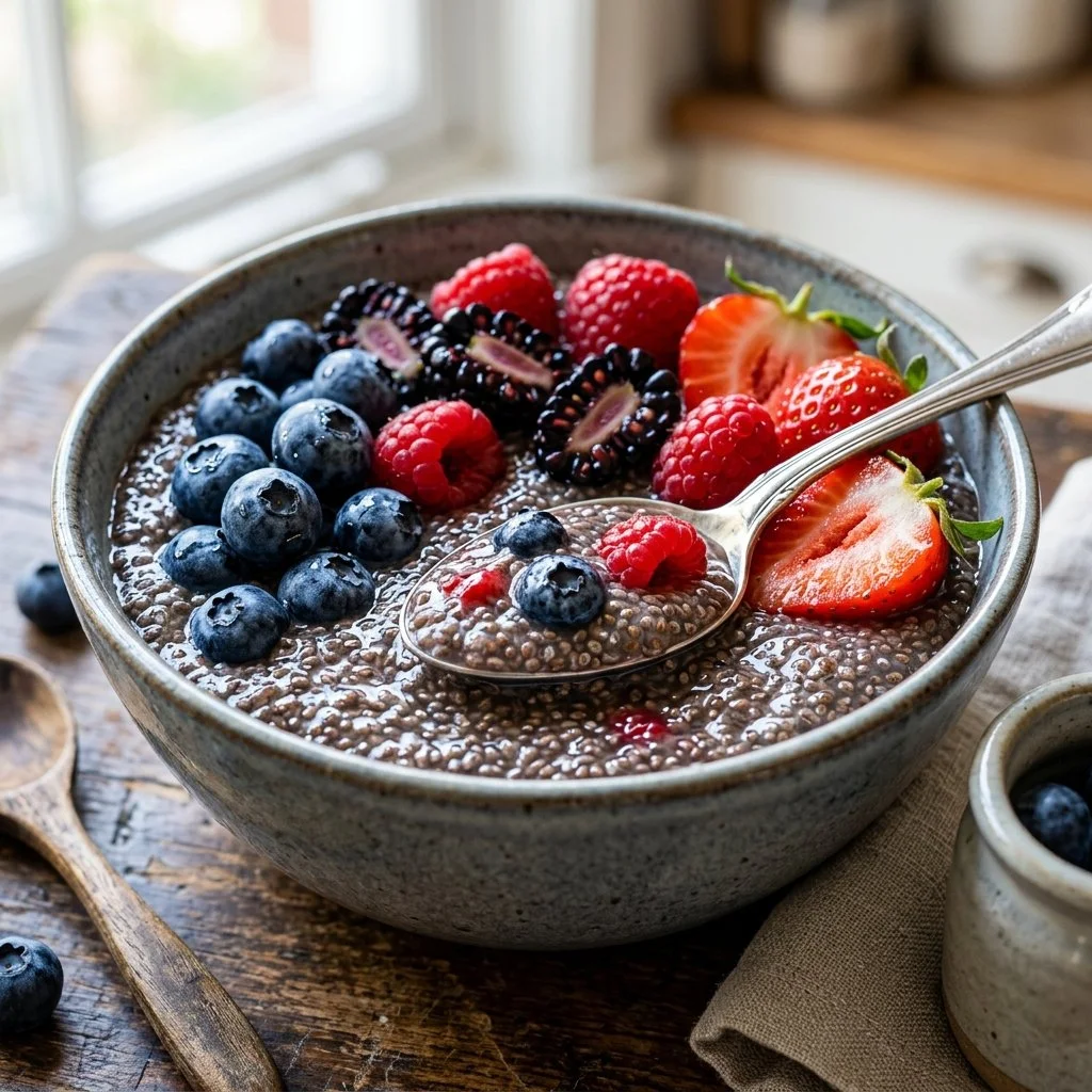 Healthy chia seed pudding topped with fresh fruits and nuts